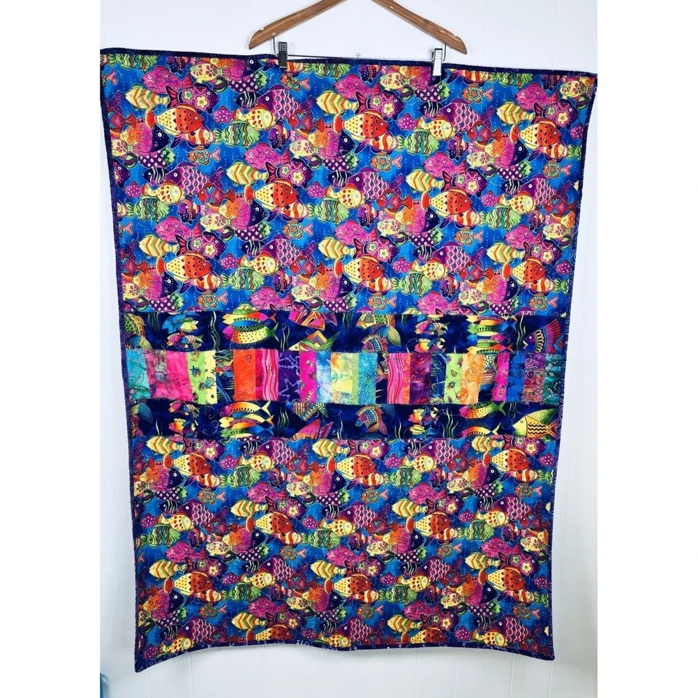 Handmade Reversible Toddler Quilt Multicolor Tropical‎ Fish and Fleece 51